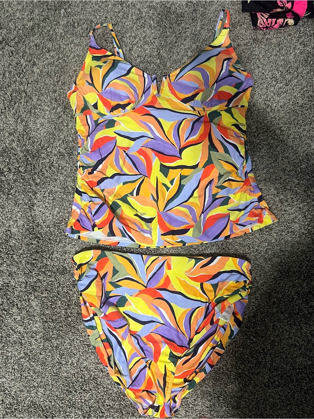 Anne Cole Yellow Orange Purple Leaf-Print Tankini